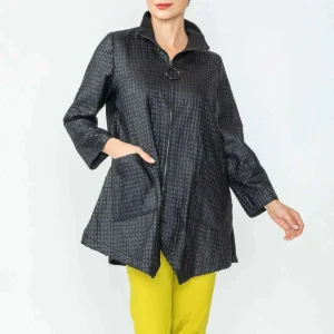 IC COLLECTION - Black High Neck Zip-Up Jacket - Black Waffle