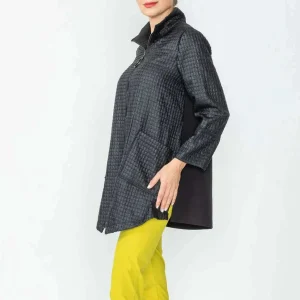 IC COLLECTION - Black High Neck Zip-Up Jacket - Black Waffle