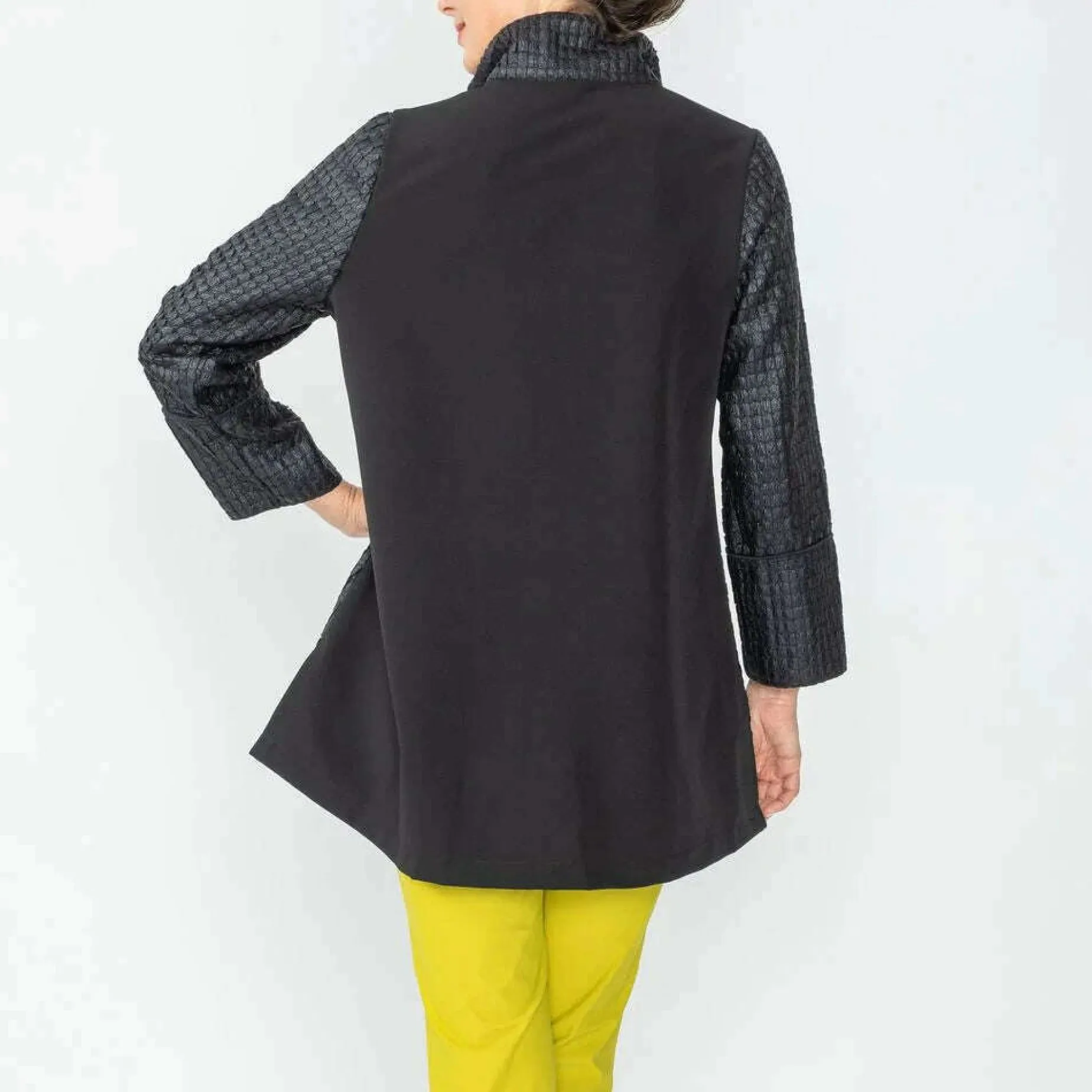 ic_collection__black_high_2.webp IC COLLECTION - Black High Neck Zip-Up Jacket - Black Waffle
